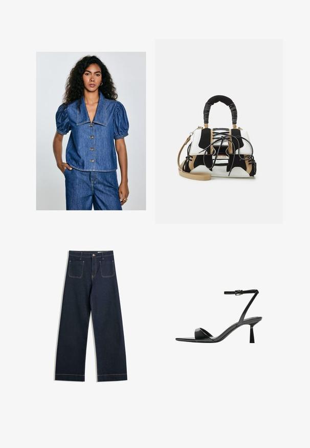 Denim blúz puffos ujjal, nagy gallérral és hét gombbal. Kék színű, látható varrási részletekkel és laza szabással.; Sötétkék, széles szárú farmernadrág, eltérő bézs varrással, két hátsó zsebbel és gombos záródással a deréknál.; Bershka Magas sarkú szandálok - black; Többszínű kézitáska fekete, fehér és bézs hálós anyaggal. Textúrázott fogantyúval, fűzős dizájnnal és levehető vállpánttal rendelkezik.