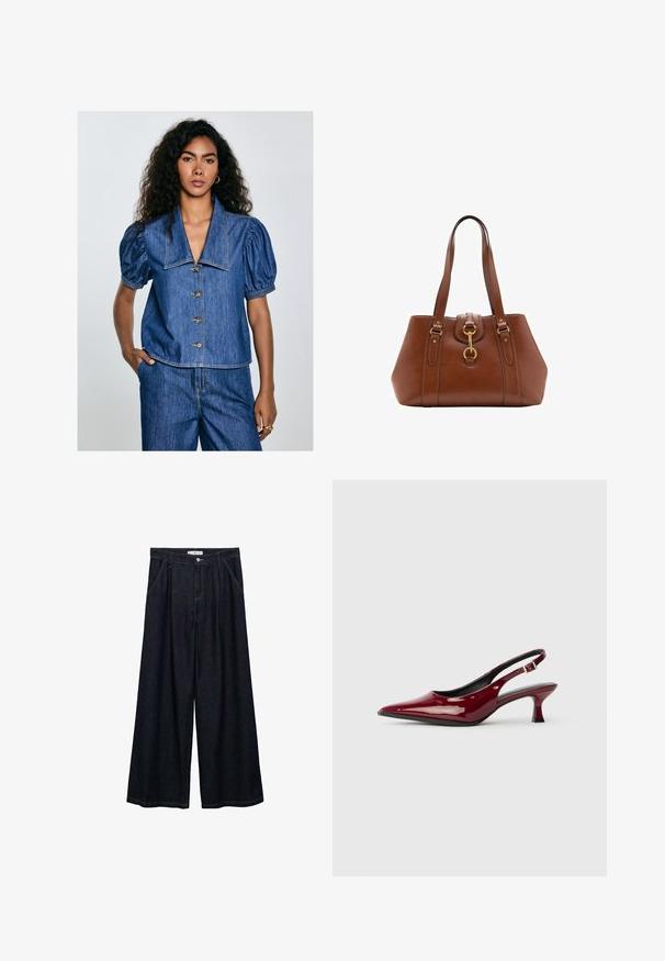 Denimbluse mit puffartigen Ärmeln, großem Kragen und sieben Knöpfen. Blaue Farbe mit sichtbaren Steppnähten und einer lockeren Passform.; Dunkelblaue, weite High-Waist-Hosen aus Denim mit einem Knopfverschluss vorne, zwei Seitentaschen und Nähdetails.; Burgunderfarbene Lackleder Slingback-Absätze mit spitzem Zehenbereich und schlankem Stiletto-Absatz. Offenes Rückendesign mit verstellbarem Knöchelriemen.; Braune Lederhandtasche mit doppelt tragegriffen, runder Form, goldenen Beschlägen und einem zentralen Schnallen-Detail. Glatte Textur mit genähten Akzenten.