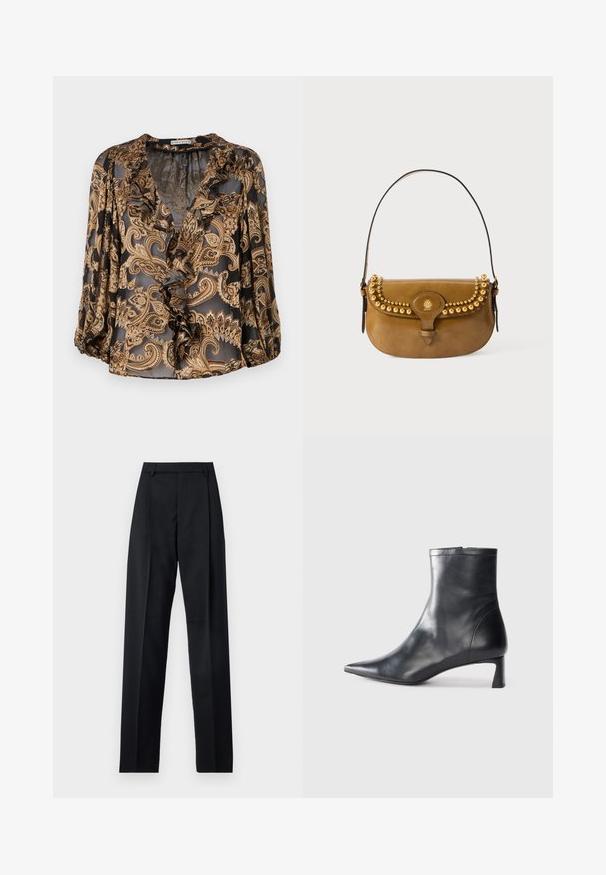 Blusa paisley nera e oro con scollatura a V arricciata, maniche a tre quarti e una texture trasparente, caratterizzata da una vestibilità ampia e un motivo intricato.; Pantaloni neri realizzati in tessuto morbido, caratterizzati da vita alta, gambe larghe, pince frontali e classiche passanti per cintura. Non ci sono tasche laterali visibili.; Stivaletto in pelle nera con punta affusolata e design elegante. Presenta un tacco basso e una chiusura con zip sul retro. Texture liscia.; Borsa a mano in pelle marrone con una forma curva, dotata di dettagli in metallo dorato lungo la parte superiore, un manico corto e una chiusura a fibbia.