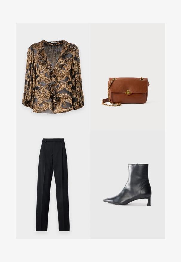 Melna un zelta paisley blūze ar drapēta V-veida kaklu, trīs ceturtdaļu piedurknēm un caurspīdīgu tekstūru, kas raksturo vaļīgu piegriezumu un sarežģītu rakstu.; Melnas bikses, izgatavotas no gludas auduma, ar augstu vidukli, platiem bikšu galdniekiem, priekšējiem krokām un klasiskām jostu cilpām. Sānu kabatas nav redzamas.; Melnas ādas potītes zābaki ar norādītu pirkstu un elegantu dizainu. Iezīmē zemu papēdi un rāvējslēdzēja aizdari aizmugurē. Gluda tekstūra.; Brūns ādas crossbody soma ar vāku slēgšanu, zelta aparatūru un ķēdes siksnu. Gluda tekstūra, taisnstūra forma, minimāla detaļu klātbūtne.