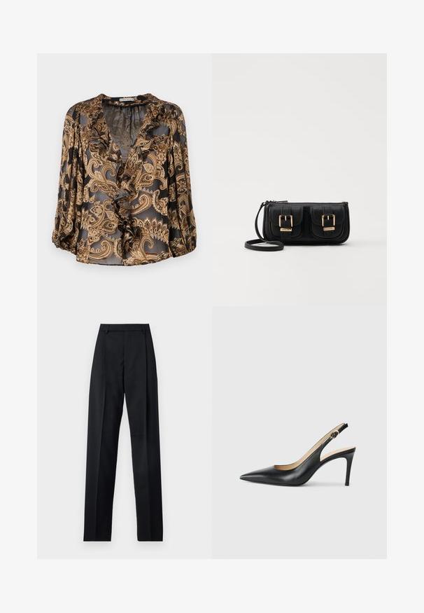 Black and gold paisley blouse with ruffled V-neck, three-quarter sleeves, and a sheer texture, featuring a loose fit and intricate pattern.; Black trousers made from smooth fabric featuring a high waist, wide legs, front pleats, and classic belt loops. No side pockets visible.; Black leather slingback high heels with a pointed toe, adjustable strap, and a sleek stiletto heel, featuring a smooth finish.; Black leather crossbody bag with two front pockets, gold buckles, zipper closure, and a slim strap. Textured surface and compact rectangular shape.