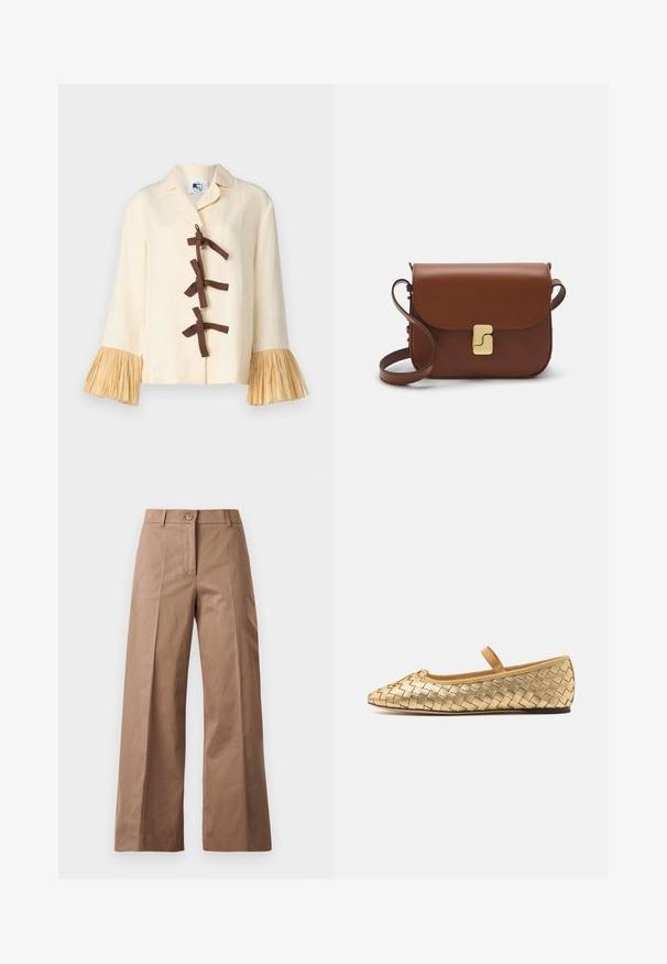 Sleeper CRUSOE SHIRT - Skjortebluser - white asparagus; Brune bredde bukser lavet af et glat stof, med en frontknaplukning, to frontlommer og rene, skræddersyede linjer.; Loeffler Randall LEONIE SOFT BALLET FLAT - Ballerinasko m/ rem - gold; Brun læder håndtaske med flaplukning, hardware i gyldent tone, en skulderrem og en glat overflade. Kompakt rektangulær form.