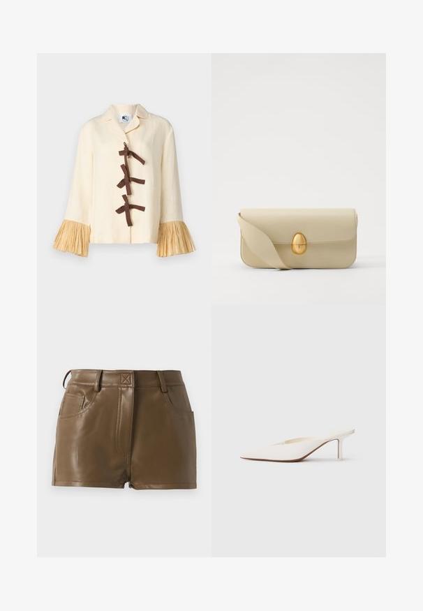 Sleeper CRUSOE SHIRT - Button-down blouse - white asparagus; Brown faux leather shorts with a fitted design, waistband with belt loops, front pockets, and visible stitching details.; Pointed-toe white mule with a low stiletto heel. Made of smooth material with a minimalist design and subtle tan sole detail.; Beige leather handbag with a smooth texture, rectangular shape, and a golden oval clasp. Features a long, adjustable strap.