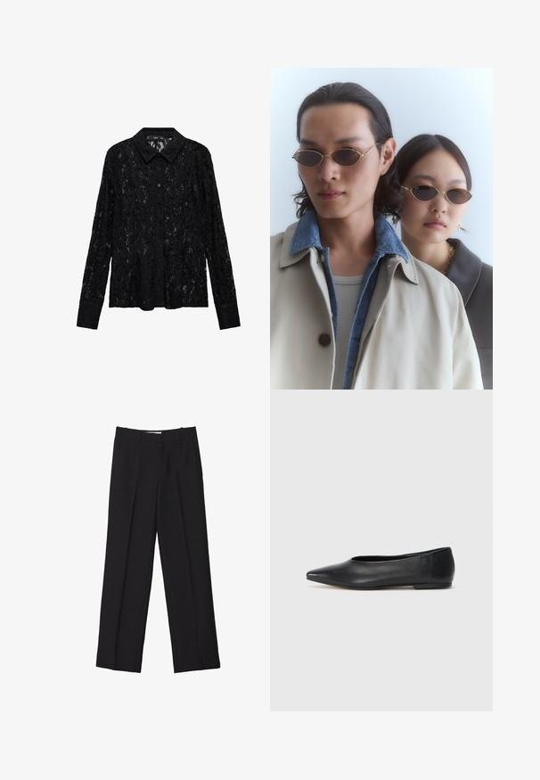 Mango Hemdbluse - black; Schwarze maßgeschneiderte Hosen mit geradem Bein, doppelten Falten, glatter Textur und dezenten Vordernahtdetails.; Schwarze Leder-Balletschuhe, spitze Zehenform, minimalistische Gestaltung, glatte Textur, niedriger Absatz, keine sichtbaren Beschläge oder Verzierungen.; Goldfarbene Sonnenbrille mit ovalen Gläsern, getragen von zwei Personen. Eine Person trägt einen beigen Mantel mit einem Denim-Kragen; die andere in einem dunklen Oberteil mit Kragen.; Schwarze Lederhandtasche mit zwei Griffen, ovaler Form, glatter Oberfläche, dezentem Branding und einem herzförmigen Etikett.