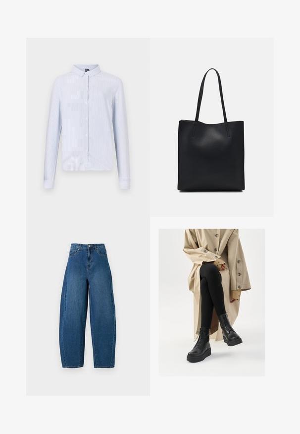 Svijetloplava košulja dugih rukava s vertikalnim bijelim prugama, s oštrim kragnom i glatkom teksturom tkanine. Ima zakrivljeni donji rub.; Traperice u srednjem plavom pranju, s visokim strukom, širokim nogavicama i standardnim dizajnom s pet džepova, s vidljivim detaljima šivanja.; Crne kožne gležnjače s detaljima vezanja, podignutom platformom, i teksturiranim crnim tajicama, nosi se uz svijetlu bež trench kapu.; Crna kožna torba za nošenje s glatkom teksturom, pravokutnim oblikom i dvije duge ručke. Nema vidljivih metalnih dijelova ili ukrasa.