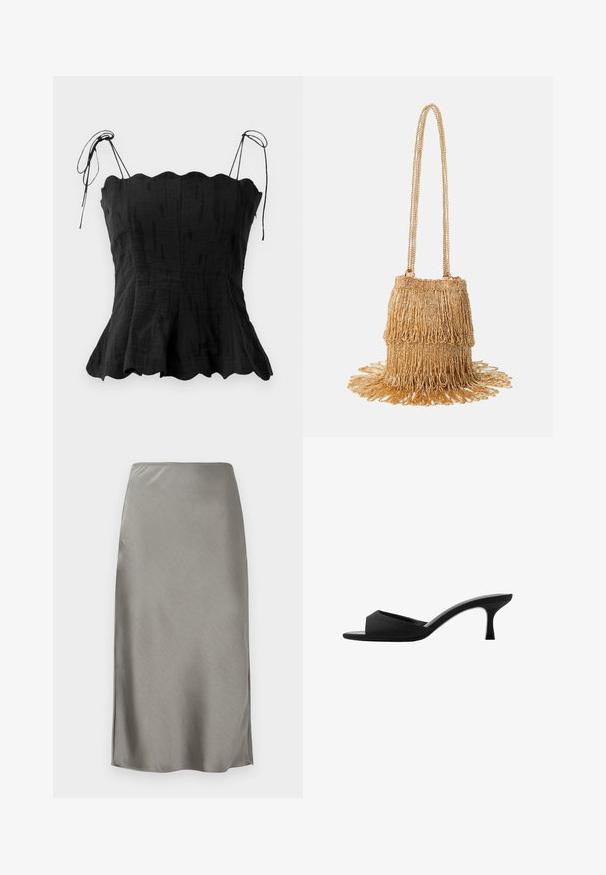 Černý lněný top s přiléhavým živůtkem, srdcovým výstřihem a nastavovacími stahovacími ramínky. Rozšířený spodní lem vytváří splývavý siluetu.; Šedá saténová midi sukně s elegantní, hladkou texturou. Jemné boční rozparky zvyšují pohyb. Minimalistický design, upnutý pas a rovný silueta.; Černé lodičky na vysokém podpatku s širokým, otevřeným špičkou a zakřiveným svrškem. Vyrobené z texturované látky, mají štíhlý podpatek a hladkou podrážku.; Zlatá kabelka s korálkovým potahem a třásňovým designem; obsahuje řetízkový popruh a vrstvené, textura zdobení vycházející z báze.