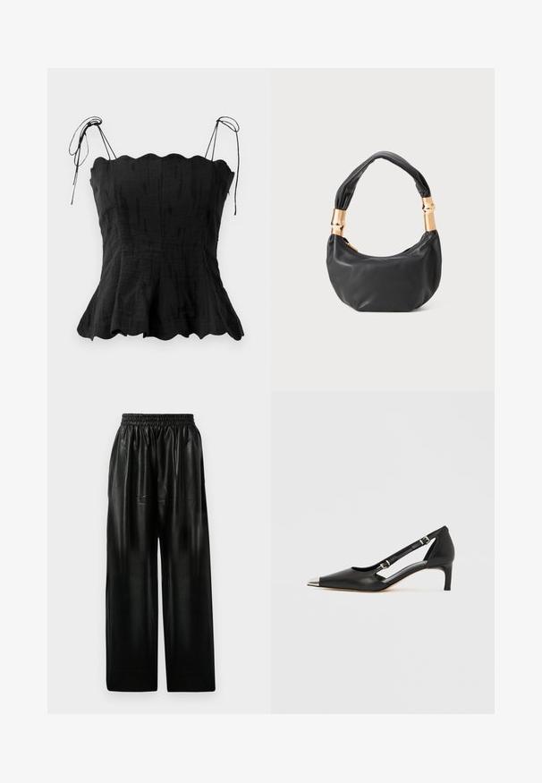Top de linho preto com corpete ajustado, decote em forma de escalope e alças ajustáveis. A bainha evasê cria uma silhueta fluida.; Calças largas de couro preto com cintura elástica, apresentando dois bolsos laterais e uma textura suave e brilhante.; Sapato de salto baixo em pele preta com biqueira pontiaguda prateada e duas tiras com fivela, em fundo branco.; Mala de mão em couro preto com forma redonda, textura suave e alça com nó, apresentando detalhes em metal dourado. Fecho em zíper.