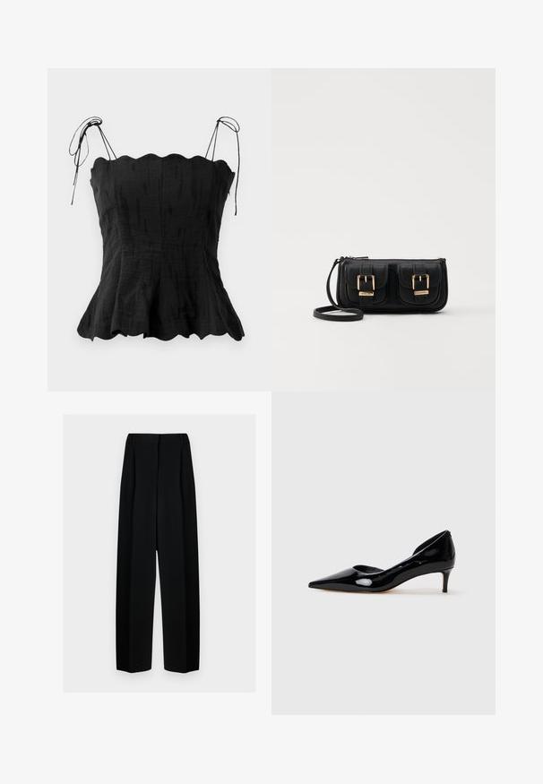 Czarna lniana bluzka z dopasowanym gorsetem, falbaniastym dekoltem i regulowanymi ramiączkami. Rozkloszowany dół tworzy zwiewną sylwetkę.; Czarne spodnie o szerokich nogawkach z wysokim stanem, z plisami i gładką teksturą. Materiał wydaje się lekki i elegancko się układa.; Czarne lakierowane damskie buty na niskim obcasie w kształcie szpica, pokazane z profilu na jednolitym jasnoszarym tle.; Czarna skórzana torba na ramię z dwoma przednimi kieszeniami, złotymi klamrami, zamkiem błyskawicznym i cienkim paskiem. Teksturowana powierzchnia i kompaktowy prostokątny kształt.