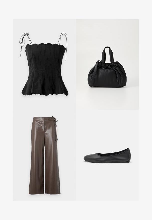 Black linen top with a fitted bodice, scalloped neckline, and adjustable tie straps. Flared hem creates a flowing silhouette.; Brown faux leather wide-leg pants with high waist and side tie detail on a white background.; Black leather ballet flat with a rounded toe, smooth texture, minimal stitching detail, and a flexible sole design.; Black leather handbag with a gathered top design, featuring two short handles and a long adjustable strap. Smooth texture, rounded shape.