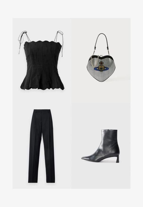 Fekete len felső, formázott bodice-szal, hullámos nyakkivágással és állítható kötőpántokkal. A bokáig érő szegély lágy vonalat alkot.; Fekete nadrág sima anyagból, magas derékkal, széles lábakkal, elülső redőkkel és klasszikus övhurkokkal. Oldalzsebek nem láthatók.; Fekete bőr bokacsizma hegyes orral és letisztult dizájnnal. Alacsony sarka és hátsó cipzáras záródása van. Simának tűnő textúra.; Szív alakú, hálós táska fényes fémes felülettel, kék, sárga és piros macska- és bolygó mintával. Fém lánc pántot tartalmaz.