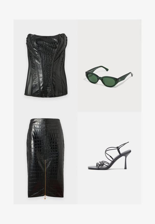Must mustatus tipp, mis on valmistatud läikivast faux nahast ja krokodillitextrist, omab vertikaalseid õmblusi ja struktuurset disaini.; Mustast kunstnahast pliiatsihaldjas, millel on krokodillimuster, keskel on kuldne lukku ja sile viimistlus.; Mustad musta värvi kontsandaalid on varustatud peente rihmadega, millel on sõlmekujundus, siledad ruudukujulised varbad ja stiilne stilettokonts.; Rohelised prillid läikiva viimistlusega, mittetavalised raamid ja tume rohelised objektiivid. Küljel on peene logo.; Elisabetta Franchi WOMENS BAG - Käekott - menta