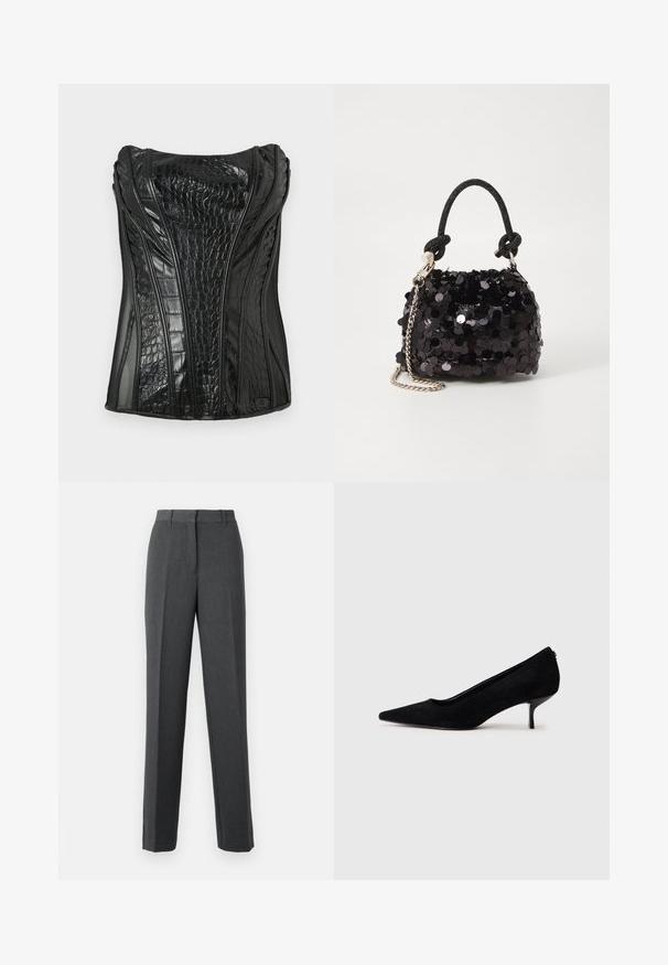 Schwarz ärmelloses Top aus glänzendem Kunstleder mit Krokodilstruktur, das vertikale Nähte und ein strukturiertes Design aufweist.; Dunkelgraue, maßgeschneiderte Anzughosen mit geradem Bein, Gürtelschlaufen und verdecktem Frontverschluss.; Schwarzer Wildleder-High-Heel-Schuh mit spitzem Zeh und slim, niedrigem Absatz. Glatte Textur mit elegantem Design, ohne sichtbare Beschläge.; Schwarze Pailletten-Mini-Handtasche mit einem geknoteten, strukturierten Tragegurt und einer silbernen Kette. Abgerundete Form mit gerafftem oberen Teil und reflektierenden Details.