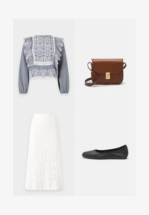 Marineblå og hvidternet bluse med blonder, flæsedetaljer, peplum-syning og elastiske manchetter, lavet af letvægtsstof.; Strikket hvid midi-nederdel med et tekstureret mønster med vertikale linjer og udskæringer nær kanten. Elastisk talje. Blødt materiale.; Sort læderballetsko med rund tå, glat tekstur, minimal syning og et fleksibelt såldesign.; Brun læder håndtaske med flaplukning, hardware i gyldent tone, en skulderrem og en glat overflade. Kompakt rektangulær form.