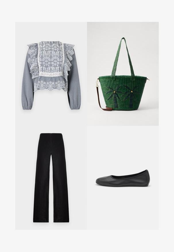 Marineblau-weiße kariertes Bluse mit Spitzenakzenten, rüschierten Ärmeln, einem Peplum-Saum und elastischen Bündchen, aus leichtem Stoff gefertigt.; Schwarze, weit geschnittene Hosen aus leichtem Stoff. Merkmale sind eine hohe Taille, eine glatte Textur und klare Linien ohne Taschen oder Verzierungen.; Schwarze Leder-Ballettschuhe mit abgerundeter Spitze, glatter Textur, minimalen Nähdetails und einem flexiblen Sohlen-Design.; Grüne geflochtene Tragetasche mit Palmbaumdesigns in dunklerem Grün; mit zwei Griffen und einem abnehmbaren braunen Ledertragegurt.
