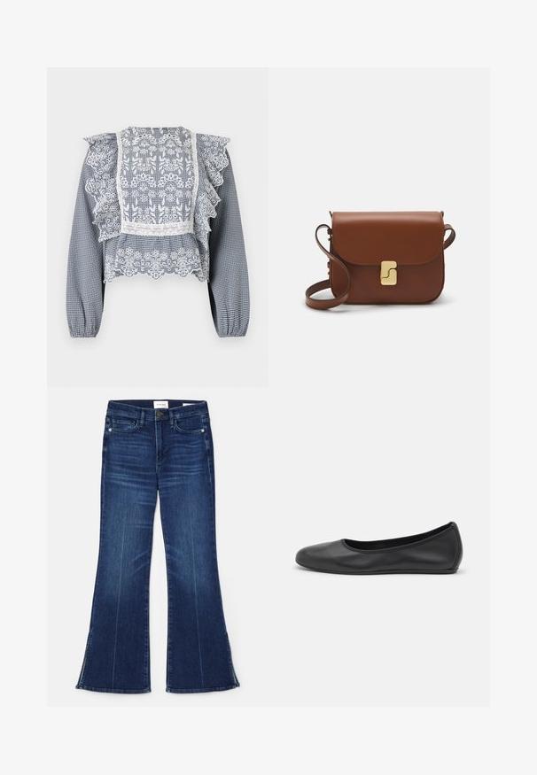 Navy and white checkered blouse featuring lace detailing, ruffled sleeves, a peplum hem, and elastic cuffs, made from lightweight fabric.; Dark blue flared jeans made from denim. Features a high waist, front pockets, and slit details at the hem.  Classic five-pocket design.; Black leather ballet flat with a rounded toe, smooth texture, minimal stitching detail, and a flexible sole design.; Brown leather handbag with a flap closure, gold-tone hardware, a shoulder strap, and a smooth texture. Compact rectangular shape.