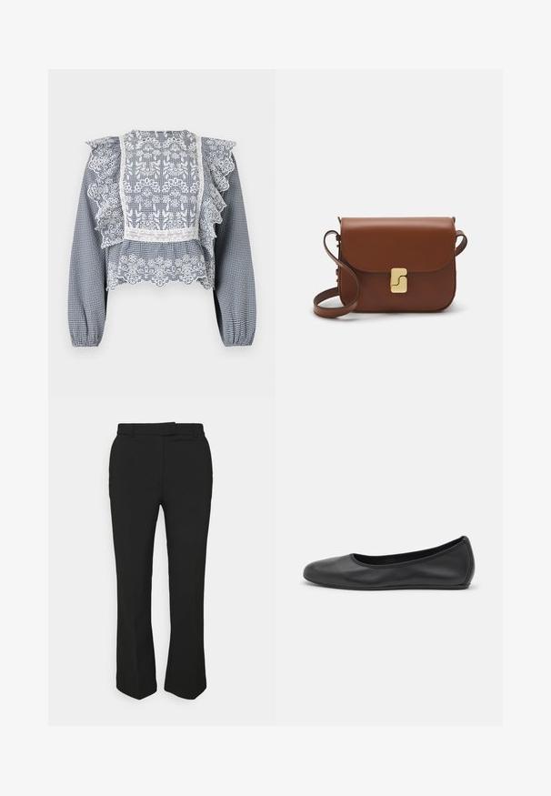 Bluzica s mornarsko plavim i bijelim kariranim uzorkom koja sadrži čipkastu dekoraciju, nabranim rukavima, peplum rubom i elastičnim manžetama, izrađena od laganog materijala.; Crne krojene hlače s ravnim krojem, s remenom na pojasu i bočnim džepovima. Izrađene su od glatkog materijala s urednim završetkom.; Crne kožne baletanke s zaobljenim vrhom, glatke teksture, minimalnim detaljima šavova i fleksibilnim dizajnom potplata.; Smeđa kožna torba s preklopom, zlatnim detaljima, remenom za nošenje preko ramena i glatkom teksturom. Kompaktni pravokutni oblik.