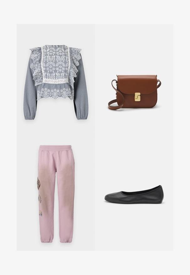 Tumesinise ja valge ruudulise mustriga pluus, millel on pitsdetailid, volangid ja peplum-hem, ning elastsed mansetid, valmistatud kergest kangast.; Roosa spordipüksid elastse paelaga vööl, millel on vasakul küljel dekoratiivsed rombikujulised plaastrid ja elastsed mansetid pahkluude juures.; Musthave mustika tantsutossud mustast nahast, ümmarguse varbaga, siledast tekstuurist, minimaalse õmblusdetailiga ja paindliku tallakujundusega.; Pruunist nahast käekott, millel on klapiga sulgur, kuldne riistvara, õlarihm ja sile tekstuur. Kompaktne ristkülikukujuline vorm.