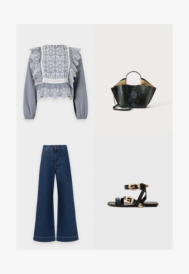 Navy and white checkered blouse featuring lace detailing, ruffled sleeves, a peplum hem, and elastic cuffs, made from lightweight fabric.; Wide-leg blue denim jeans with a high waist, featuring a button closure, belt loops, and subtle stitching details along the pockets and hems.; Black leather sandals with gold buckle accents, featuring multiple straps and a flat sole design for open-toe wear.; Black and gray snakeskin pattern handbag with a structured design, dual handles, and an adjustable shoulder strap. Features a beige interior.