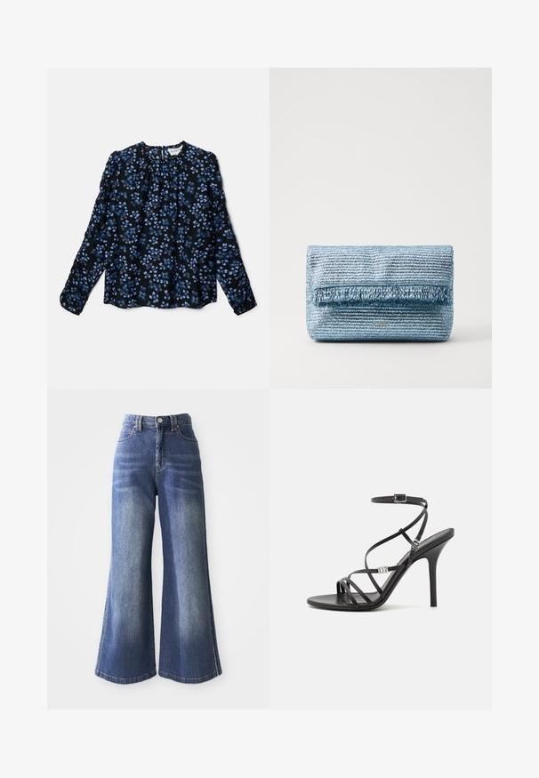 Blumige Langarmbluse in Schwarz, mit blauen und weißen Blumenmustern, gerafftem Ausschnitt und elastischen Bündchen. Leichter, fließender Stoff.; Weite Denim-Jeans in Mittelblau mit hoher Taille, fünf Taschen und kontrastierenden Nähten an den Säumen und Seiten.; Schwarze High-Heel-Sandale mit dünnen Riemen, einem Knöchelverschluss, einer glatten Lederoberfläche und einem schlanken Stiletto-Absatz.; Hellblau geflochtene Clutch mit strukturierter Oberfläche und Fransen-Detail auf der Vorderseite. Verfügbar in einem eleganten rechteckigen Format und dezenter Markenkennzeichnung.