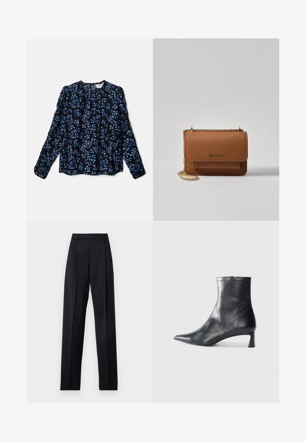 Ziedu raksta melna garu piedurkņu blūze ar zilu un baltu ziedu ornamentu, savilktu kakla izgriezumu un elastīgām aprocēm. Viegls, plūstošs audums.; Melnas bikses, izgatavotas no gludas auduma, ar augstu vidukli, platiem bikšu galdniekiem, priekšējiem krokām un klasiskām jostu cilpām. Sānu kabatas nav redzamas.; Melnas ādas potītes zābaki ar norādītu pirkstu un elegantu dizainu. Iezīmē zemu papēdi un rāvējslēdzēja aizdari aizmugurē. Gluda tekstūra.; Brūna teksturēta ādas plecu soma ar zelta ķēdes siksnu un atloka aizdari. Priekšpusē ir logotipa detaļa un kabata zem atloka.