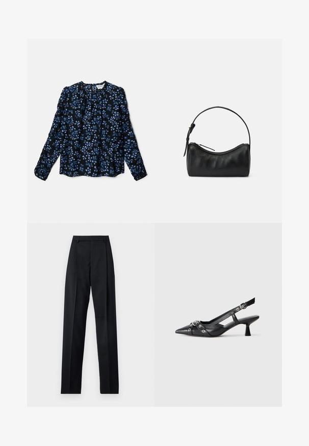 Fekete virágmintás, hosszú ujjú blúz, kék és fehér virágmintákkal, redőzött nyakkivágással és gumírozott mandzsettával. Könnyű, áramló anyag.; Fekete nadrág sima anyagból, magas derékkal, széles lábakkal, elülső redőkkel és klasszikus övhurkokkal. Oldalzsebek nem láthatók.; Fekete bőr slingback cipő hegyes orral, dekoratív pántokkal, fém szemekkel és alacsony blokk sarkú. Texturált felület.; Fekete bőr válltáska ívelt formával, cipzáros záródással és vékony pánttal. Simaságot és diszkrét varrási részleteket kínál.