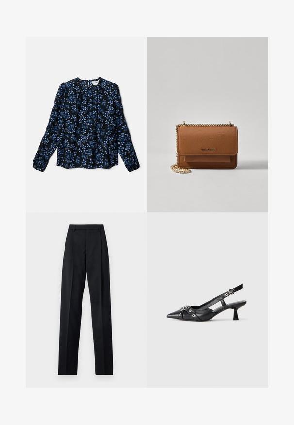 Fekete virágmintás, hosszú ujjú blúz, kék és fehér virágmintákkal, redőzött nyakkivágással és gumírozott mandzsettával. Könnyű, áramló anyag.; Fekete nadrág sima anyagból, magas derékkal, széles lábakkal, elülső redőkkel és klasszikus övhurkokkal. Oldalzsebek nem láthatók.; Fekete bőr slingback cipő hegyes orral, dekoratív pántokkal, fém szemekkel és alacsony blokk sarkú. Texturált felület.; Barna textúrájú bőr keresztbody táska arany lánc pánttal és fedélzárral. Az elején logó részlet és egy zseb található a fedél alatt.