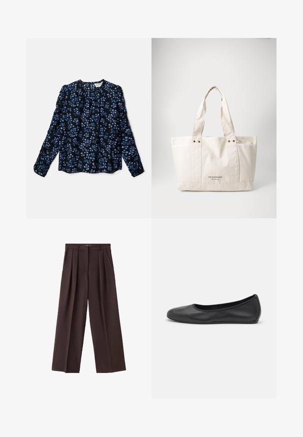 Blusa floreale a maniche lunghe nera, con motivi floreali blu e bianchi, scollo arricciato e polsini elasticizzati. Tessuto leggero e fluido.; Pantaloni a gamba larga marroni realizzati in tessuto testurizzato, con pieghe frontali, tasche laterali e una classica cintura.; Pantofole da balletto nere in pelle con punta arrotondata, texture liscia, dettagli di cucitura minimi e design con suola flessibile.; Borsa in tela color beige chiaro con due manici resistenti, rifiniture bianche a contrasto e logo "THE NORTH FACE" in nero sul davanti.; Orecchini in metallo argento con un design ondulato e scultoreo, caratterizzati da una finitura lucida e forme irregolari, che evidenziano un'estetica contemporanea.