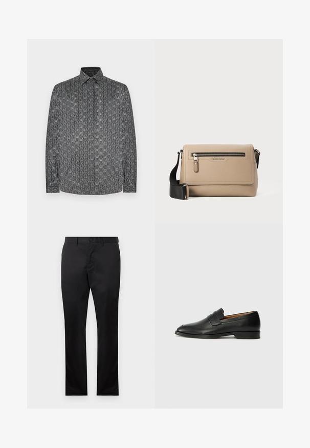 Pika varrukaga särk, mille alus värvus on tumehall ja sellel korduv abstraktne valge muster. Nööpidega krae ja varruka manseti detailid on nähtavad.; Mustad puuvillased püksid sirge jala disainiga, millel on ees nööp sulgemine ja küljetaskud, sile tekstuur, nähtavad mustrid puuduvad.; Must musta loafers ümarate varvastega, peene tikandiga ja madala kontsaga, millel on sile tekstuur ja minimalistlik disain.; Beež nahast ristiõlakott, millel on tekstuuriga viimistlus, esiküljel lukuga tasku ja reguleeritav must rihm. Logoga esiosas.