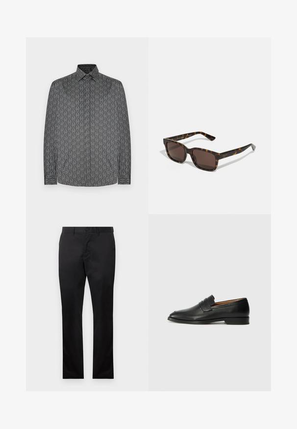 Garām piedurknēm krekls ar tumši pelēku pamatu un atkārtotu abstraktu baltu rakstu. Redzamas pogu detaļas apkaklī un aprocēs.; Melni kokvilnas bikses ar taisnu kāju dizainu, ar priekšējo pogu aizdari un sānu kabatām, gluda tekstūra, bez redzamām rakstām.; Melnas ādas loafers ar noapaļotu purngala formu, smalku izšuvumu un zemu papēdi, piedāvājot gludu tekstūru un minimālistisku dizainu.; Gucci saulesbrilles ar kvadrātveida bruņurupuču plastmasas rāmjiem un brūnām lēcām. Rāmjos ir smalka logo attēlošana uz tempļiem.
