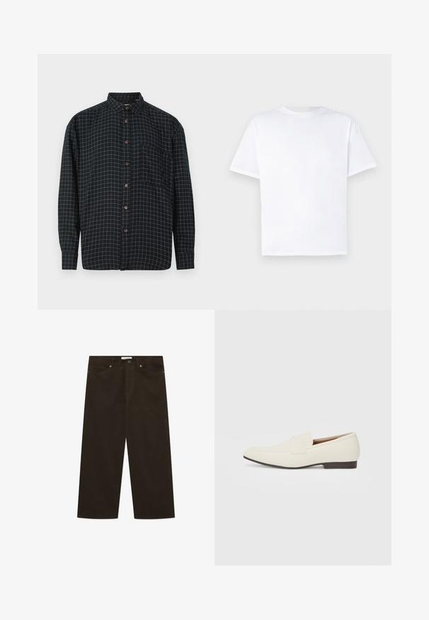 Mustavalkoinen pitkähihainen nappitakki, jossa on valkoinen ruutukuosi, etutasku ja ruskeat napit valkoista taustaa vasten.; Valkoinen puuvillainen t-paita, jossa on pyöreä kaula-aukko ja lyhyet hihat. Suora leikkaus, sileä pinta, ilman kuvioita tai yksityiskohtia. Näyttää vain takaa.; Ruskeat corduroypantterit, joissa on leveä lahjesuunnittelu, pystyribattu pinta, edessä nappikiinnitys ja tavalliset taskut.; Vaaleanbeige loaferit, joissa on terävä kärki, sileä materiaali, nauha vampin yli ja matala ruskea pohja. Yksinkertainen muotoilu, jossa on minimaalista korostusta.