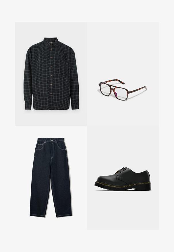 Sort langærmet skjorte med knapper og hvidt rutenetmønster, brystlomme og brune knapper på hvid baggrund.; Løsvidde, mørke denim jeans med kontrastfarvet hvid syning, fem lommer og knappelukning. Har et højt talje-design.; Sorte læder sko med rund toe, snørelukning, gule syninger langs sålen og en kraftig sort gummisål for godt greb.; Skildpadde-mønstrede briller med rektangulære linser, sorte og orange stel, der har en blank finish og slanke stænger.