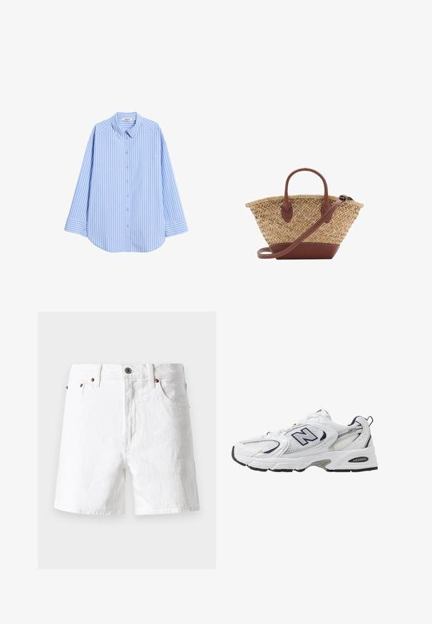 Himmelblaues Button-Up-Hemd mit senkrechten weißen Streifen, spitzem Kragen, langen Ärmeln und abgerundetem Saum. Hergestellt aus glattem Stoff mit bequemer Passform.; Weiße Jeansshorts mit klassischem Design, im Five-Pocket-Stil, mit Kupferknopf-Akzenten und einer leicht strukturierten Stoffoberfläche.; Weißer Sportschuh mit Mesh-Obermaterial, navyblauen Akzenten und gepolsterter Sohle. Verfügt über das "N"-Logo, Schnürsenkel und eine strukturierte Detailverarbeitung an der Seite.; Geflochtene Strohtasche mit braunen Lederakzenten, zwei Griffen und einem abnehmbaren Gurt. Kurvenform mit einem stabilen Boden.