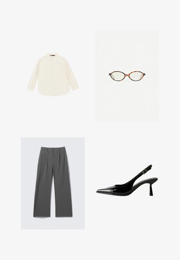 Jasno beżowa, dług袖owa koszula z guzikami, wykonana z miękkiego materiału, z klasycznym kołnierzykiem i okrągłym dołem. Widoczne guziki z przodu.; Szare spodnie w szerokim kroju z prążkami, z przodu z zakładkami i pętelkami na pasek, leżące płasko na białym tle.; Czarne lakierowane pantofle na obcasie typu slingback z ostrym noskiem, wyciętymi bokami, regulowanym paskiem na kostce i cienkim, smukłym obcasem.; Okulary w kolorze tortoiseshell z owalnymi soczewkami i gładkim, eleganckim wykończeniem. Posiadają cienkie boki z delikatnym łukiem w okolicy skroni. Przezroczyste soczewki.; Czerwona skórzana torebka na ramię o zakrzywionym kształcie, gładkiej fakturze i zamek błyskawiczny. Posiada cienką rączkę do noszenia.