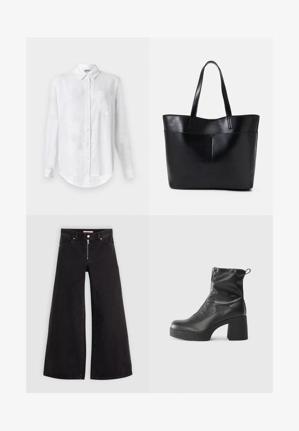 Bílá košile s dlouhým rukávem z lnu, s límcem na knoflíky, jednou náprsní kapsou a zaobleným lemem. Obsahuje standardní zapínání na knoflíky v přední části.; Džíny s širokými nohavicemi v černém denimovém provedení se zipem vpředu, pěti kapsami a jemnými švy. Hladká textura a ležérní styl.; Černé kotníkové boty vyrobené z hladké kůže, s bočním zipem, robustním strukturovaným podpatkem a kulatou špičkou.; Černá kožená taška s dlouhými ušima, hladkým povrchem a strukturovaným tvarem. Obsahuje přední kapsu pro další úložný prostor.