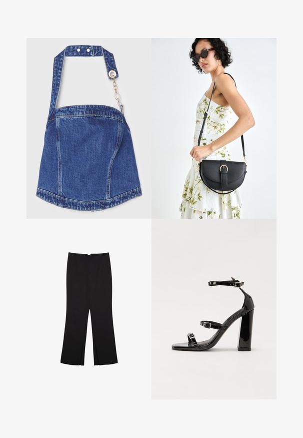 Denim torba za rame v temno modri barvi, pravokotne oblike, nastavljivim trakom, srebrnim okovjem in zadrgo z dodatkom iz verige.; Črne hlače ravnega kroja z naglavnimi žepi in stranskimi razporki na robu. Narejene iz mehke, gladke tkanine. Primerne za različne priložnosti.; Črne lakirane sandale s peto, kvadratnim prstom, trakovi okrog gležnja in srebrnimi zaponkami. Opremljene so s stabilno Debelo peto.; Črna usnjena torbica s ukrivljeno obliko, z odstranljivo naramnico in zlatimi dodatki. Torbica ima pokrov s podrobnostmi v obliki zaponke.