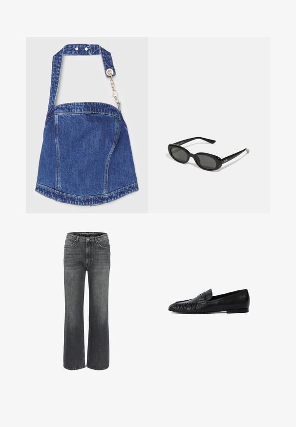 Denim plecu soma dziļi zilā krāsā, taisnstūra formā, ar regulējamu siksnu, sudraba aksesuāriem un rāvējslēdzēja aizdari ar ķēdes akcentu.; Plati gaiši pelēkas džinsi, kas izgatavoti no tumša denima, ar klasisku piecu kabatu dizainu, šuvju detalizāciju un pogu aizdari jostasvietā.; Melni ādas loafers ar noapaļotu purngalu, izšūtām detaļām priekšpusē un plakanu zoli. Minimālisma dizains ar diskrētu logotipa akcentu.; Melnas saulesbrilles ar ovālām lēcām, spīdīga plastmasas kārba un tievām kājām. Sānos ir redzams Ray-Ban logo baltā krāsā.