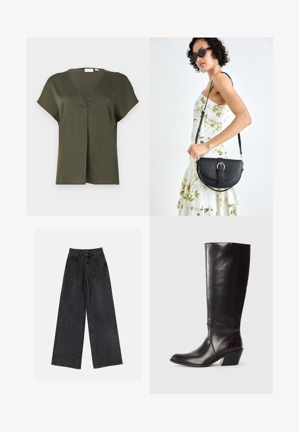 Blusa de manga curta em verde-oliva escuro, com decote em V e pregueado frontal. Tecido suave com um corte descontraído e detalhes de costura mínimos.; Calças de ganga largas pretas com uma cintura alta, design clássico de cinco bolsos e desbotamento subtil. Tecido durável com uma textura suave.; Bota de couro castanha escura até ao joelho, com bico apontado, salto bloco angular e textura suave e brilhante. Apresenta um design limpo e detalhes de costura.; Bolsa de couro preta com forma curva, alça destacável e detalhes em dourado. A bolsa possui uma aba com detalhe de fivela.