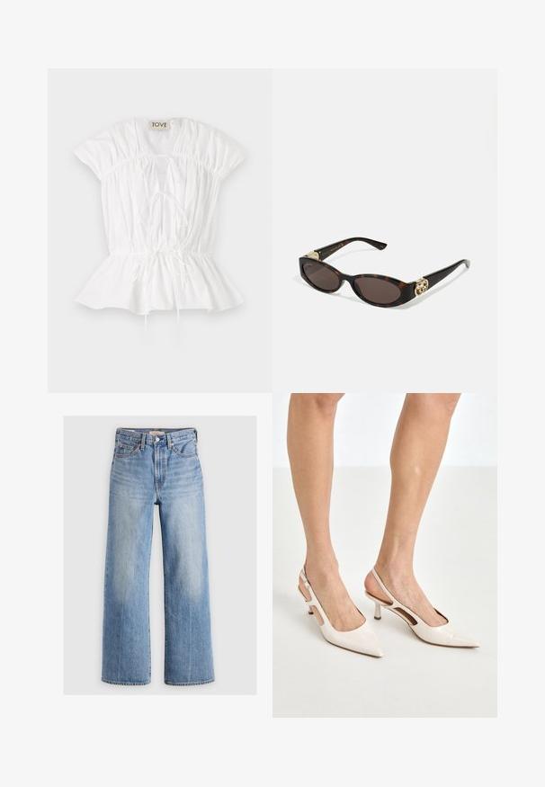 Blouse en coton blanc avec des manches courtes bouffantes, des détails froncés et un avant à nouer. L'ourlet peplum ajoute une silhouette évasée. Étiquette de marque visible.; Jeans larges en denim bleu clair avec une taille haute, zones décolorées, cinq poches et coutures contrastées. Fermeture classique à bouton et à glissière.; Escarpins à talon slingback en cuir verni beige avec un bout pointu et un talon de 5 cm, présentant des côtés découpés et une fine bride à la cheville.; Lunettes de soleil en écaille, avec des verres ovales allongés, teinte marron, accents de logo doré sur les branches et montures noires élégantes.; Sac à main en cuir crème courbé avec une seule sangle, quincaillerie dorée et une subtile marque en bas. Fermeture éclair le long du bord supérieur.