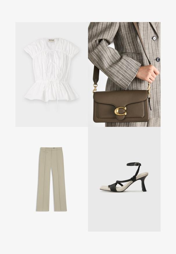 Blusa bianca in cotone con maniche corte a sbuffo, dettagli arricciati e chiusura con fiocco sulla parte frontale. L'orlo a peplo aggiunge una silhouette svasata. Etichetta del marchio visibile.; Pantaloni beige su misura con gamba larga, pieghe frontali, due tasche laterali orizzontali e un tessuto liscio e leggermente strutturato.; Sandal con tacco nero e design con cinturino intrecciato, punta quadrata e cinturino alla caviglia regolabile. Soletta beige chiaro con tacco nero lucido.; COACH TABBY SHOULDER BAG 26 - Borsa a mano - dark stone