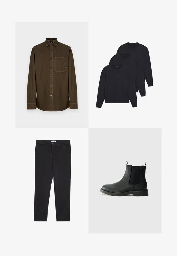 Cămașă maro închis cu mâneci lungi, cu nasturi, guler, buzunar simplu la piept și cusături vizibile pe un fundal alb.; Trei cămăși negre cu mânecă lungă, dintr-un material moale, având guler rotund și manșete ajustate. Design minimalist fără niciun model vizibil.; Pantaloni din bumbac negri cu o croială slim, având două buzunare laterale și închidere frontală cu buton. Material texturat cu detalii subtile.; Bocanci Chelsea din piele neagră, cu panouri laterale elastice, mânere de prindere, vârf rotunjit și talpă din cauciuc texturat. Suprafață netedă și design robust.