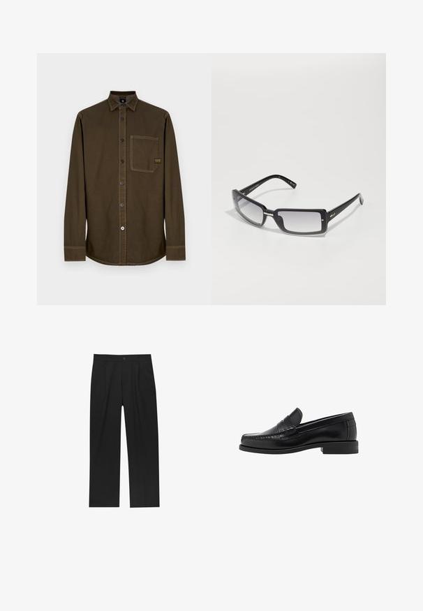 Tumma ruskea pitkähiha paita, jossa on kaulus, yksi rintatasku ja näkyvät saumat valkoisella taustalla.; Mustat housut suoranlahkeisella muotoilulla, valmistettu sileästä kankaasta. Ominaisuuksiin kuuluu etupleateet ja yksi nappikiinnitys vyötäröllä.; Musta nahkayksilöinen loafersi, jossa on sileä pinta, ommellut yksityiskohdat varpaisiin ja matala kanta mukavuutta ja tyyliä varten.; Mustat suorakulmaiset aurinkolasit, joissa on gradienttilinssi, paksu kehys ja metalliset yksityiskohdat varsissa. Sileä pinta koko ajan.