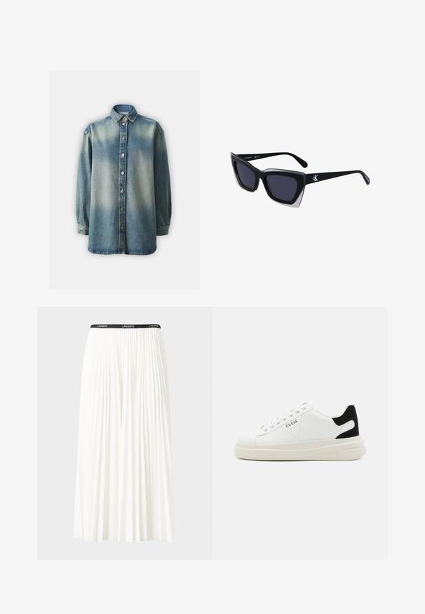 Kék farmering klasszikus gallérral, gombos elülső zárással és hosszú ujjakkal, enyhén bő szabással. Fakó mosás és texturált anyag.; Plisszírozott fehér szoknya fekete elasztikus derékkal, amelyen a "LACOSTE" logó található. Középhosszú kialakítás, puha tapintással.; Fehér bőr sportcipők vastag fehér talppal, fekete velúr sarokpikkelyel és dombornyomott logóval az oldalon. Fűzős kialakítás, hat fűzőlyukkal.; Fekete, nagyméretű napszemüveg geometrikus formával, sötét lencsékkel és kontrasztos szürke részlettel a kereten. Logó a szárán.; Ezüst karika fülbevalók sima, fényes felülettel. Lekerekített forma, könnyű kialakítással, tűs zárómechanizmussal.