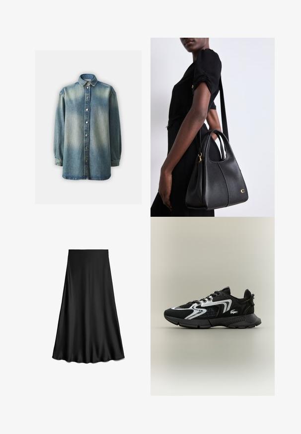 Blue denim shirt featuring a classic collar, button-front closure, and long sleeves with a slightly loose fit. Faded wash and textured fabric.; Black, satin A-line skirt with a smooth texture, knee-length, featuring a simple, clean design without embellishments or patterns.; Black athletic shoes with mesh panels, silver accents, and textured black overlays. Features laces and a curved, sturdy outsole.; Black leather handbag with a hobo shape, featuring a smooth texture, rounded top, and gold hardware accents.; Silver metal hoop earrings with a textured design, featuring a small post back and branding on one hoop. Rounded shape with a polished finish.