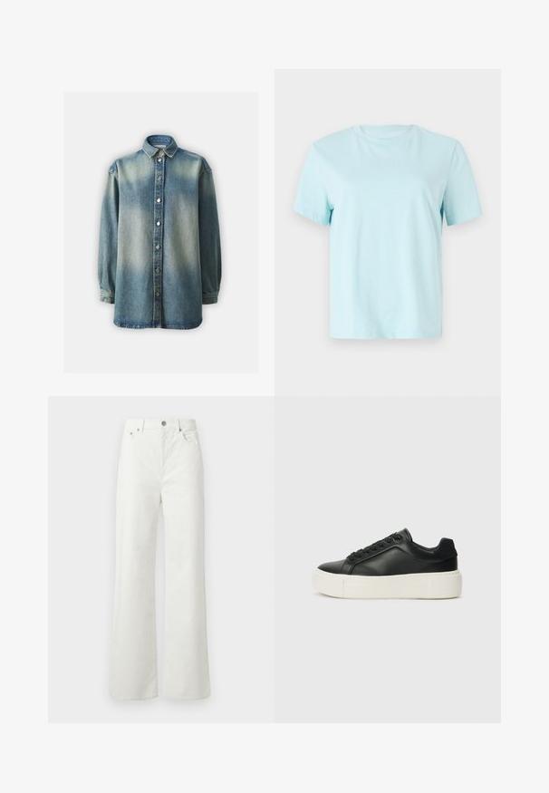 Modra denim srajca z klasičnim ovratnikom, gumbi spredaj in dolgimi rokavi ter rahlo ohlapnim krojem. Izgled, da je zbledela in teksturirana tkanina.; Svjetloplavi pamučni majica s kratkim rukavima, okruglim izrezom i suptilnim vezom 'Calvin Klein' na prednjoj strani.; Samsøe Samsøe SHELLY - Široke kavbojke - clear cream; Črne usnjene superge z zaobljenim prstom, belim platformskim podplatom in črnimi vezalkami. Imajo subtilen logotip na peti in gladko teksturo.