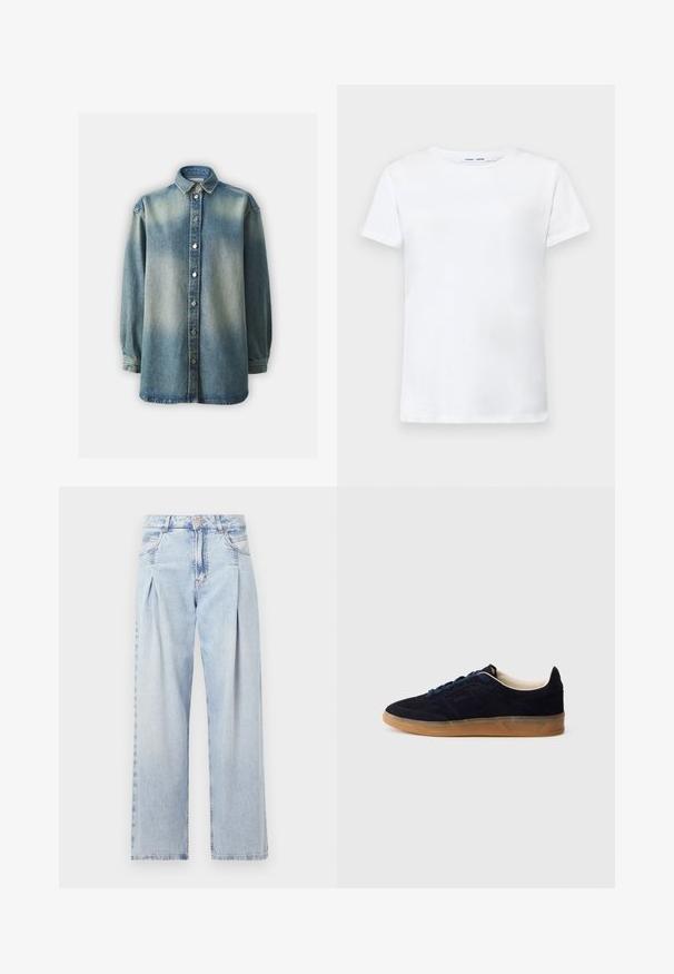 Blå denimskjorte med klassisk krave, knaplukning foran og lange ærmer med en let løs pasform. Falmet vask og struktureret stof.; Hvid kortærmet t-shirt lavet af bomuld med rund hals. Glat tekstur og lige snit, ingen mønstre eller detaljer.; Lyseblå denim jeans med høj talje, bred benåbning, to sidelommer og plisseret design. Blød tekstur med et falmet finish.; Marineblå ruskindssneaker med gummisål, blå snørebånd og minimalistisk design. Indeholder præget logo på siden og glat inderfor.