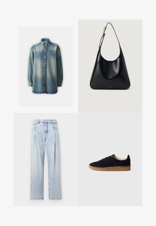 Sininen farkkupaita, jossa on klassinen kaulus, nappisuljenta ja pitkät hihat, sekä hieman löysä istuvuus. Haalistunut pesu ja teksturoitu kangas.; Vaaleansiniset farkut, joissa on korkea vyötärö, leveälahkeinen leikkaus, kaksi sivutaskua ja pleatattu muotoilu. Pehmeä rakenne, jossa on haalistunut viimeistely.; Laivastonsininen mokkanahkainen tennari, jossa on kuminahkainen pohja, siniset nauhat ja minimalistinen muotoilu. Sivussa on kohokuvioitu logo ja sisäpuolella sileä vuori.; Mustavälinen olkalaukku, jossa on sileä pinta, kaareva siluetti ja kultaiset yksityiskohdat. Laukussa on painettu tuotemerkin logo pohjassa.