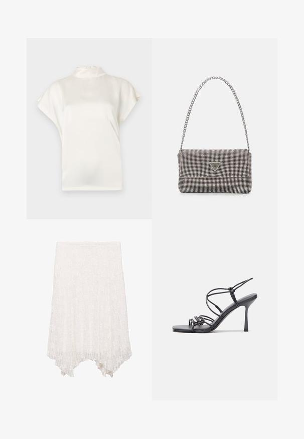 Cremefarvet bluse med høj hals og korte ærmer, lavet af glat stof. Har en subtil glans og en knaplukning i nakken bagpå.; Hvid blondekjole med et lagdelt design, der har et blomstermønster og en asymmetrisk kant, der er kortere foran og længere bagpå.; Sorte højhælede sandaler med tynde stropper og en knyttet design, en glat firkantet tå og en slank stiletto hæl.; Lys grå metallisk håndtaske med kædestrop, dekoreret med små runde metalliske studs og et trekantet brandlogo.; Sølv hoop øreringe med en glat, skinnende overflade. Rundet form, letvægtsdesign med post-back lukning.
