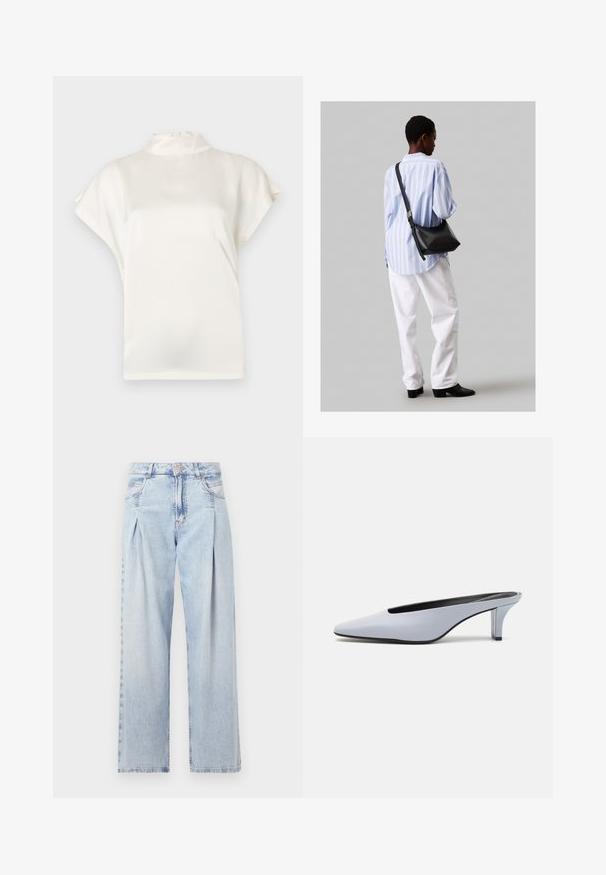 Kreemjast, kõrge kaelusega pluus, lühikeste varrukatega, valmistatud siledast materjalist. Omab peent sära ja nööbist sulgemist taga kaeluses.; Heledad sinise denimist valmistatud teksapüksid kõrge vöökohaga, laia jala lõikega, kahe külje taskuga ja pleedi disainiga. Pehme tekstuur ja pleekinud viimistlus.; Heled sinine lakknahast suss, millel on terav ninatipp, madal läbipaistev konts ja voolujooneline disain, millel on lõige vampi juures.; Must have mustras alasi nahkpatsi, pehme tekstuuriga, kolmnurkse kujuga ja reguleeritava rihmaga, koos helesinise triibulise särgi ja valgete pükstega.