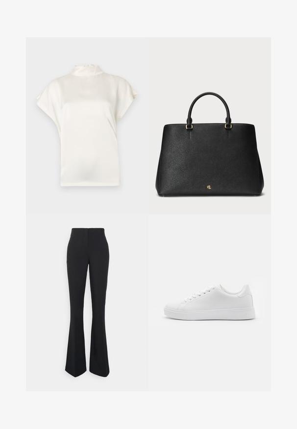 Kremasta, bluzica z visokim ovratnikom in kratkimi rokavi, izdelana iz gladkega materiala. Ima subtilen sijaj in gumbasto zapiranje na hrbtni strani ovratnika.; ONLY Tall ONLEDINA FLARE PANT - Hlače - black; Beli copati z gladkim sintetičnim zgornjim delom, okroglim nosom, šestimi odprtinami za vezalke in nizkoprofilno gumijasto podplatom z teksturiranim detajlom.; Črna usnjena torbica z strukturiranim dizajnom, gladko teksturo in dvema zgornjima ročajema. Ima zlate poudarke in logotip na dnu.