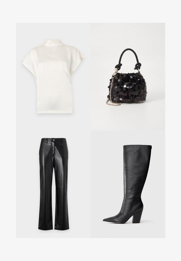 Kreemjast, kõrge kaelusega pluus, lühikeste varrukatega, valmistatud siledast materjalist. Omab peent sära ja nööbist sulgemist taga kaeluses.; Mustad nahkpüksid sirge jala disainiga, millel on esine nööp sulgemine, vöörihmade silmad ja sile, poleeritud tekstuur.; Mustad musta nahkasaapad, millel on terav nina ja paks kõrge konts, esitatud vasakult külje profiilis valgel taustal.; Must have mustrõngus mustal sädelev mini käekotil on sõlme tekstuuriga rihm ja hõbedane ketis. Ümar kuju, kokku kogutud ülaosa ja peegeldav detail.